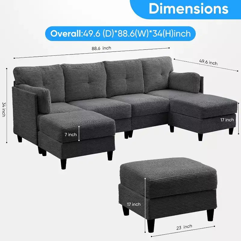 Mjkone 89 U Shaped Sectional Couches with 2 Ottomans,6-Seater Sofa