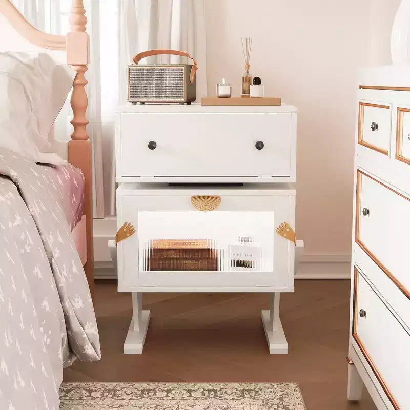 Heynemo Nightstand with LED Light Strips, 360 Degree Rotating Drawer, Glass Door Storage, Wood Night Stand Cabinet for Living Room, Bedroom