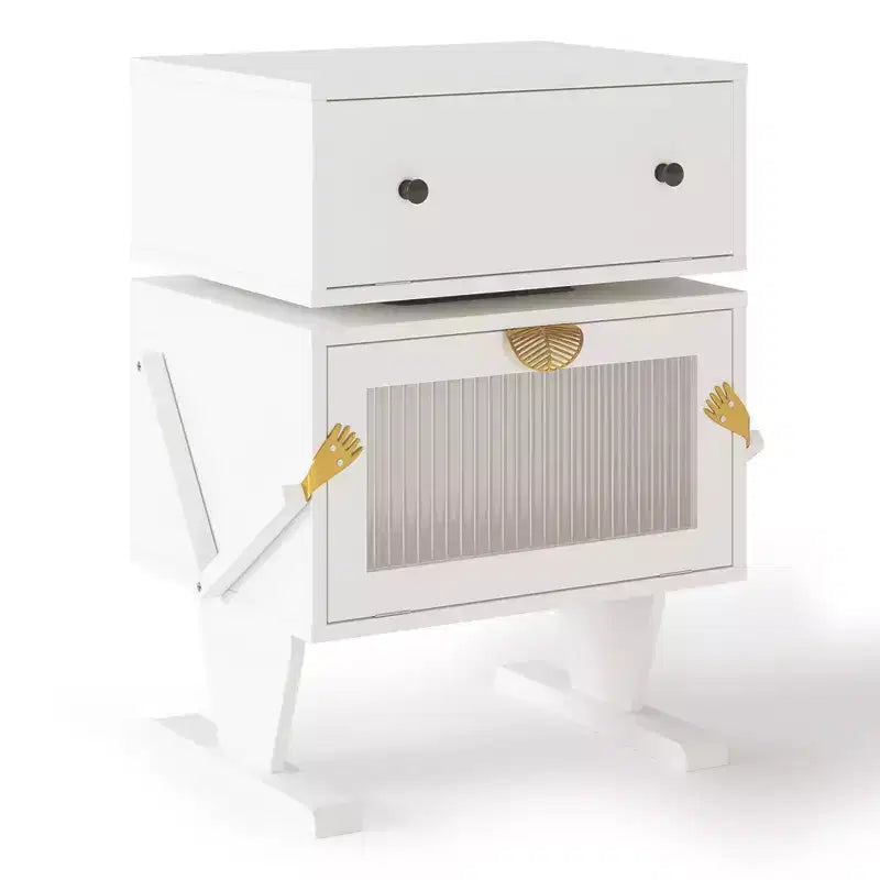 Heynemo Nightstand with LED Light Strips, 360 Degree Rotating Drawer, Glass Door Storage, Wood Night Stand Cabinet for Living Room, Bedroom