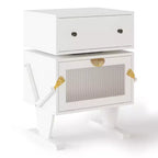 Heynemo Nightstand with LED Light Strips, 360 Degree Rotating Drawer, Glass Door Storage, Wood Night Stand Cabinet for Living Room, Bedroom