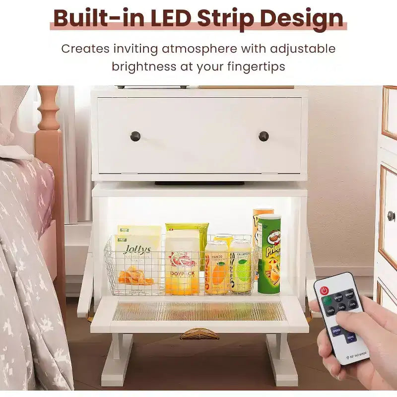 Heynemo Nightstand with LED Light Strips, 360 Degree Rotating Drawer, Glass Door Storage, Wood Night Stand Cabinet for Living Room, Bedroom