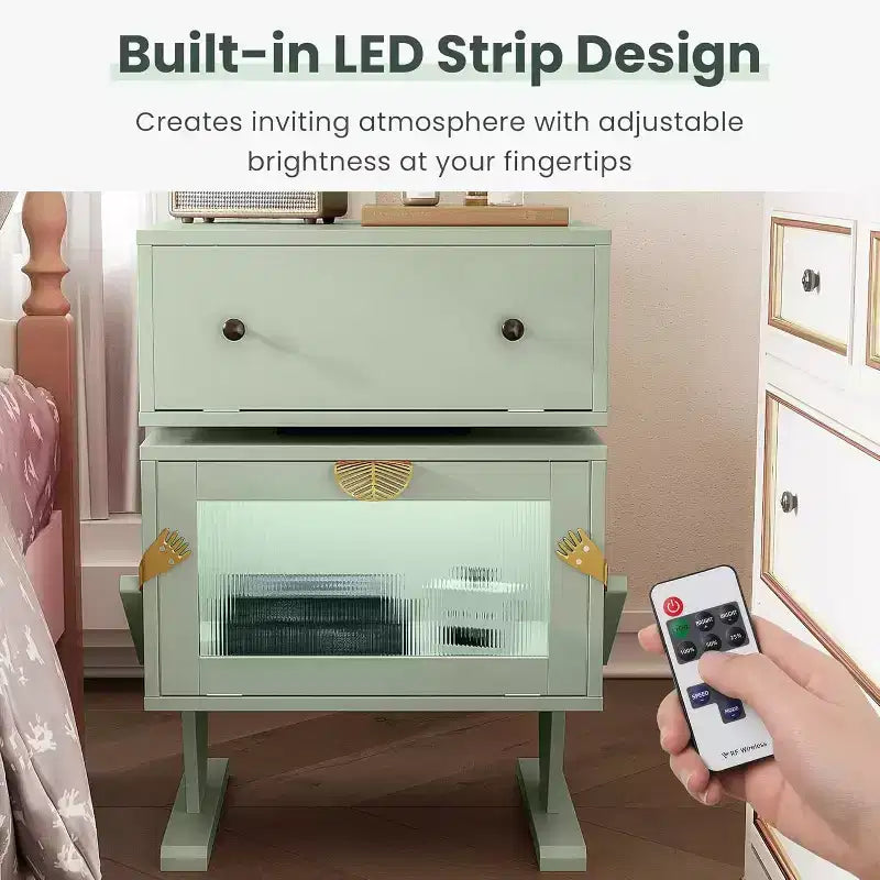 Heynemo Nightstand with LED Light Strips, 360 Degree Rotating Drawer, Glass Door Storage, Wood Night Stand Cabinet for Living Room, Bedroom