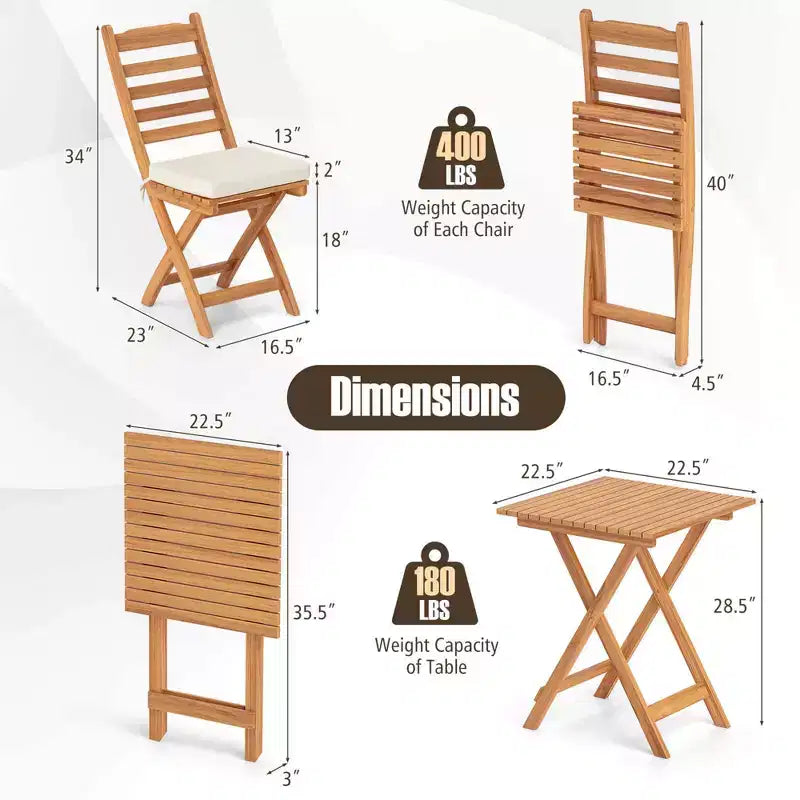 Costway 3-Piece Folding Bistro Set with Removable Seat Cushions Outdoor Table and Chairs