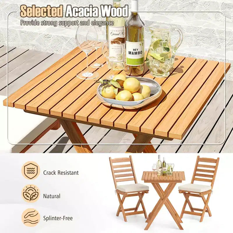 Costway 3-Piece Folding Bistro Set with Removable Seat Cushions Outdoor Table and Chairs