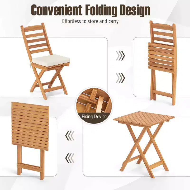 Costway 3-Piece Folding Bistro Set with Removable Seat Cushions Outdoor Table and Chairs