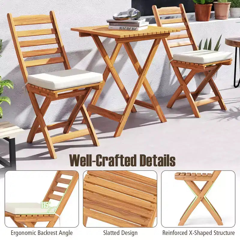 Costway 3-Piece Folding Bistro Set with Removable Seat Cushions Outdoor Table and Chairs