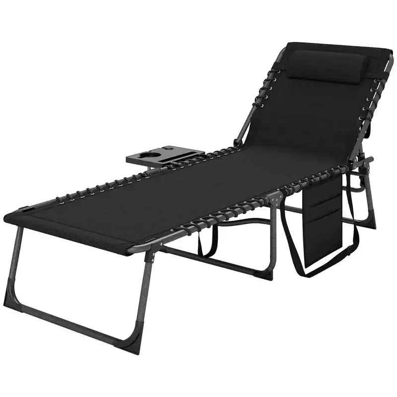 Outsunny Folding Chaise Lounge Chair Outdoor Tanning Chair with 5-Level Adjustable Back, Side Table, Pillow, Pocket for Yard, Beach, Pool