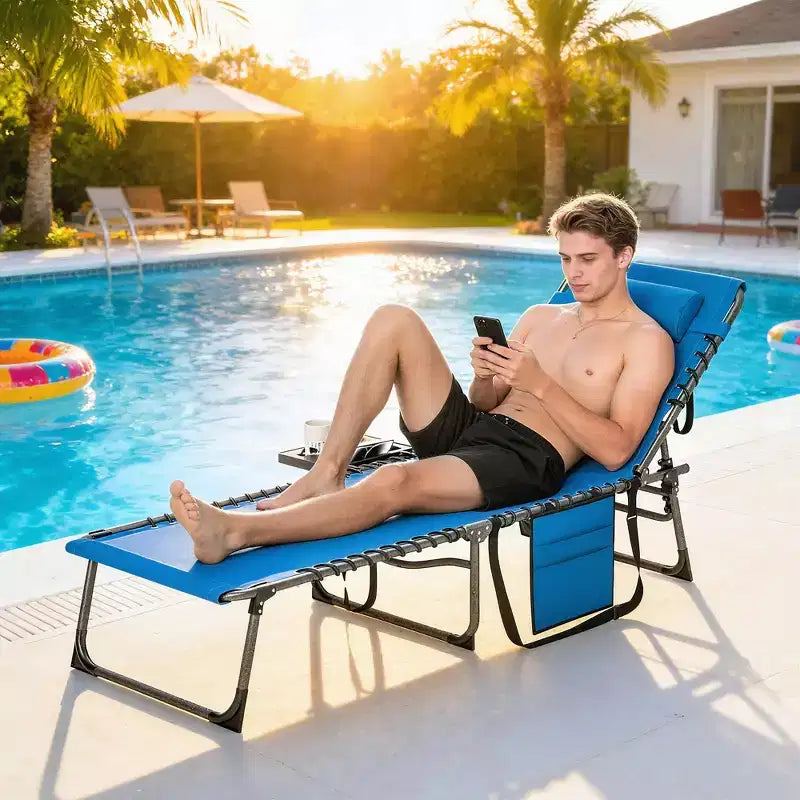 Outsunny Folding Chaise Lounge Chair Outdoor Tanning Chair with 5-Level Adjustable Back, Side Table, Pillow, Pocket for Yard, Beach, Pool