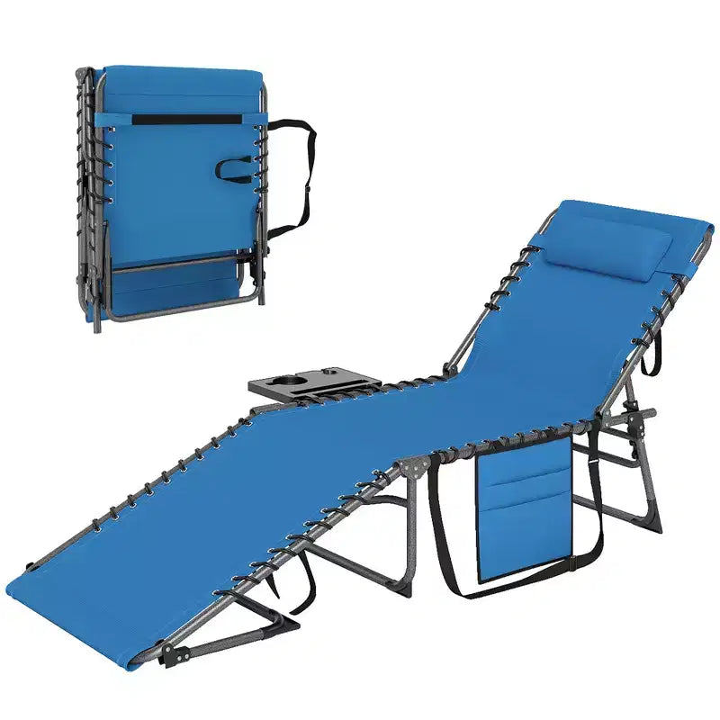 Outsunny Folding Chaise Lounge Chair Outdoor Tanning Chair with 5-Level Adjustable Back, Side Table, Pillow, Pocket for Yard, Beach, Pool