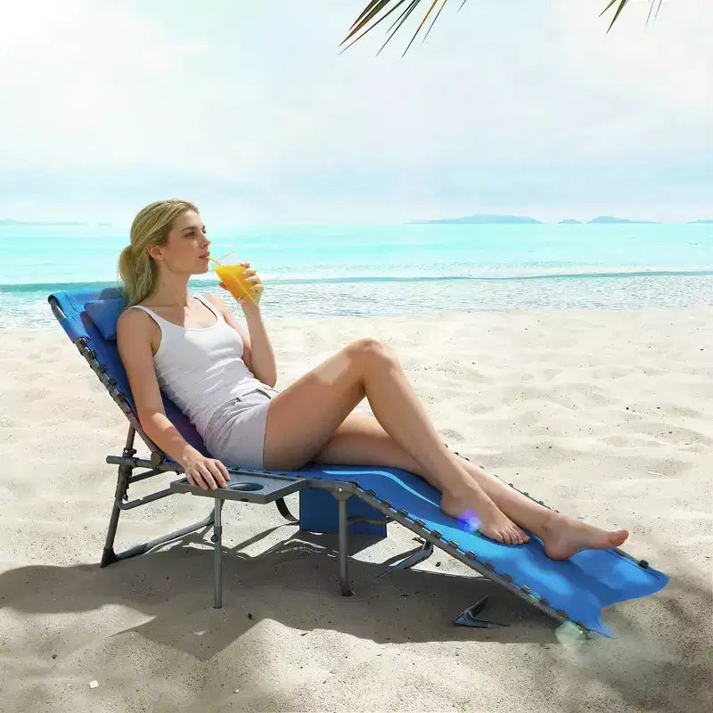 Outsunny Folding Chaise Lounge Chair Outdoor Tanning Chair with 5-Level Adjustable Back, Side Table, Pillow, Pocket for Yard, Beach, Pool