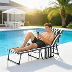 Outsunny Folding Chaise Lounge Chair Outdoor Tanning Chair with 5-Level Adjustable Back, Side Table, Pillow, Pocket for Yard, Beach, Pool
