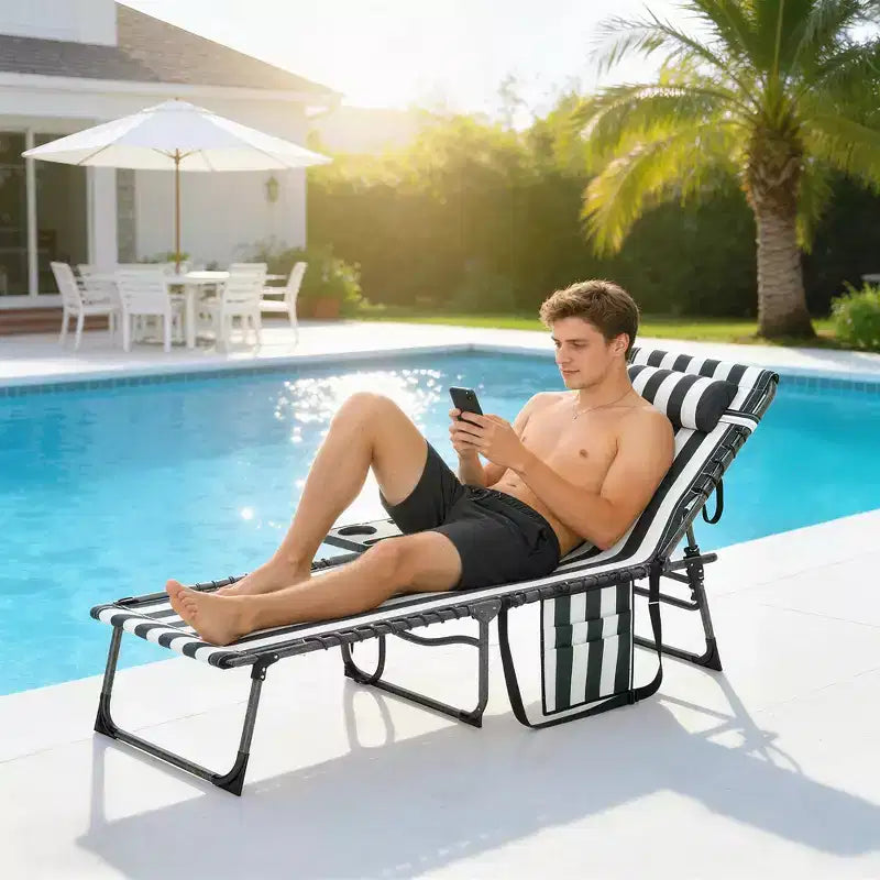 Outsunny Folding Chaise Lounge Chair Outdoor Tanning Chair with 5-Level Adjustable Back, Side Table, Pillow, Pocket for Yard, Beach, Pool