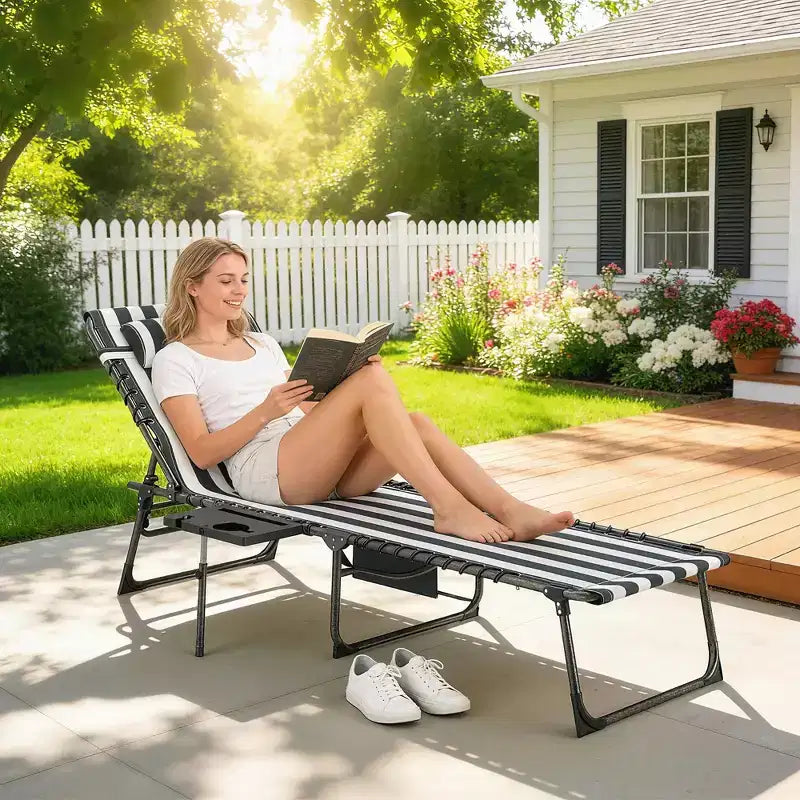 Outsunny Folding Chaise Lounge Chair Outdoor Tanning Chair with 5-Level Adjustable Back, Side Table, Pillow, Pocket for Yard, Beach, Pool