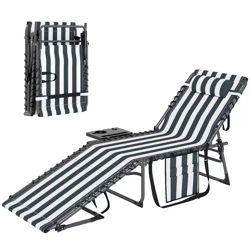 Outsunny Folding Chaise Lounge Chair Outdoor Tanning Chair with 5-Level Adjustable Back, Side Table, Pillow, Pocket for Yard, Beach, Pool