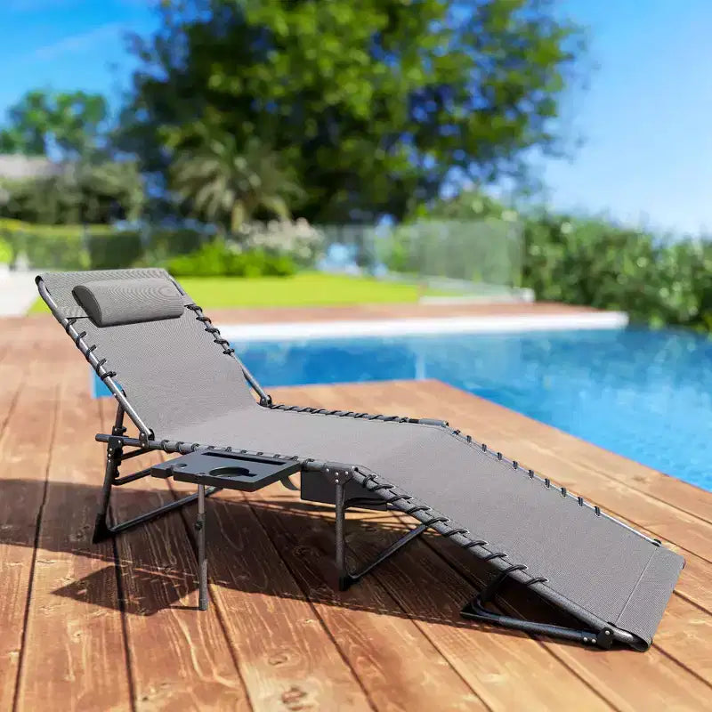 Outsunny Folding Chaise Lounge Chair Outdoor Tanning Chair with 5-Level Adjustable Back, Side Table, Pillow, Pocket for Yard, Beach, Pool