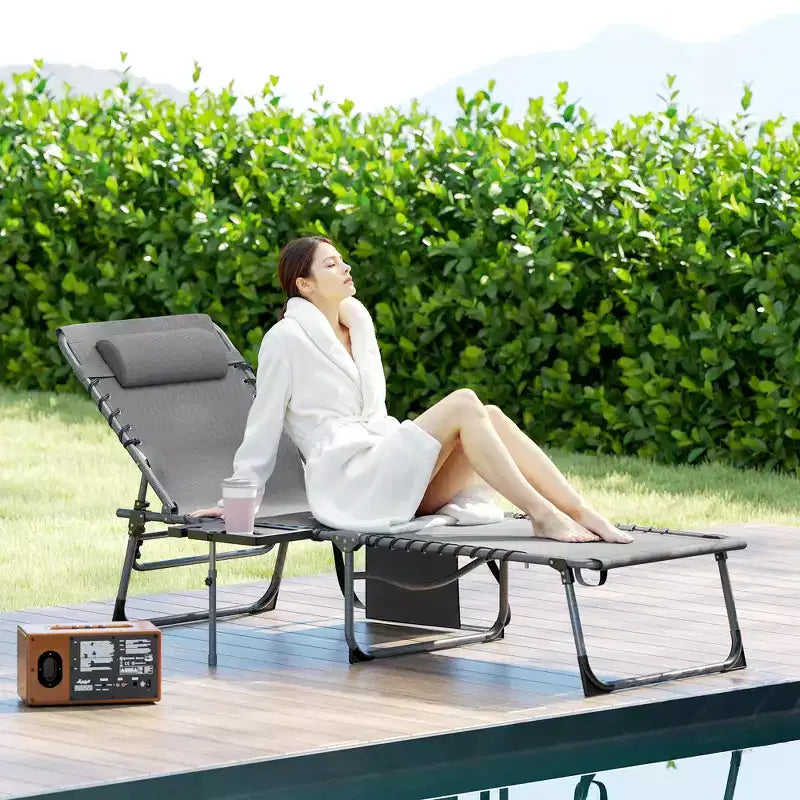 Outsunny Folding Chaise Lounge Chair Outdoor Tanning Chair with 5-Level Adjustable Back, Side Table, Pillow, Pocket for Yard, Beach, Pool
