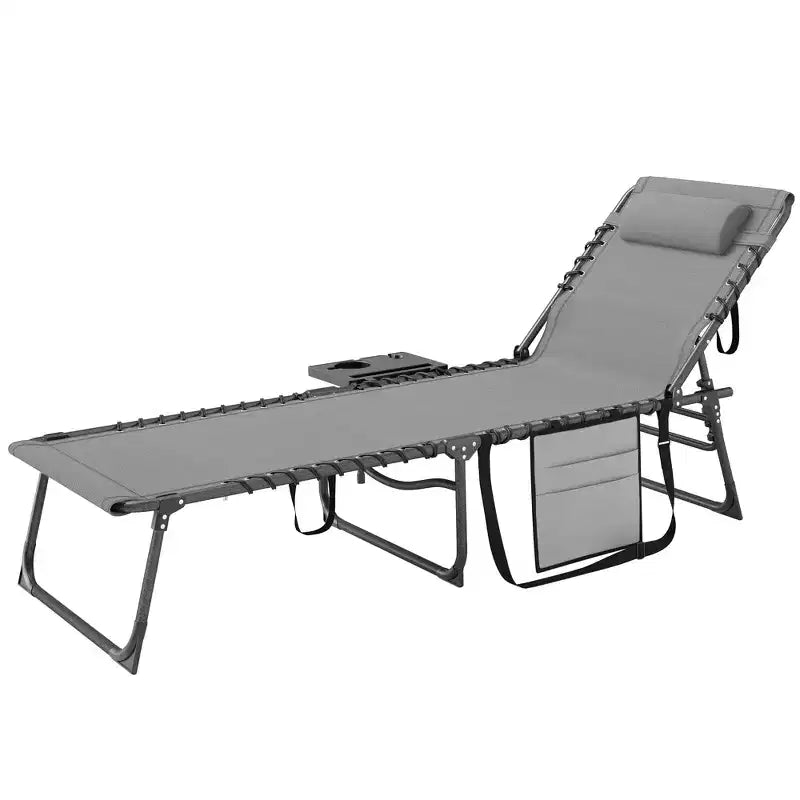 Outsunny Folding Chaise Lounge Chair Outdoor Tanning Chair with 5-Level Adjustable Back, Side Table, Pillow, Pocket for Yard, Beach, Pool