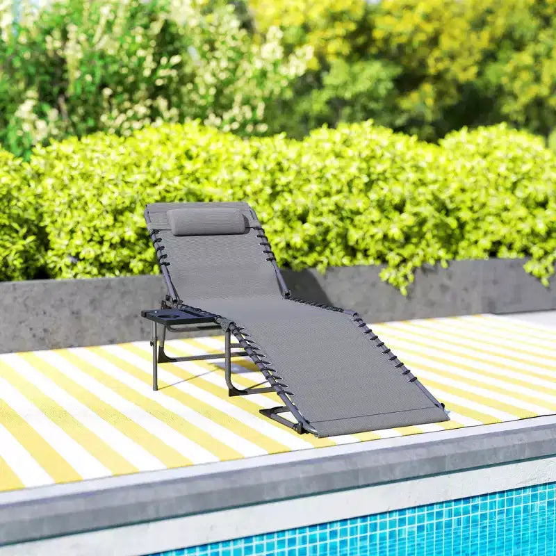 Outsunny Folding Chaise Lounge Chair Outdoor Tanning Chair with 5-Level Adjustable Back, Side Table, Pillow, Pocket for Yard, Beach, Pool