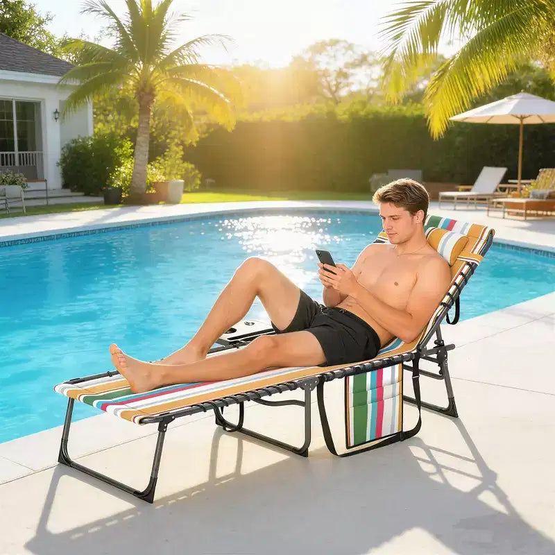 Outsunny Folding Chaise Lounge Chair Outdoor Tanning Chair with 5-Level Adjustable Back, Side Table, Pillow, Pocket for Yard, Beach, Pool