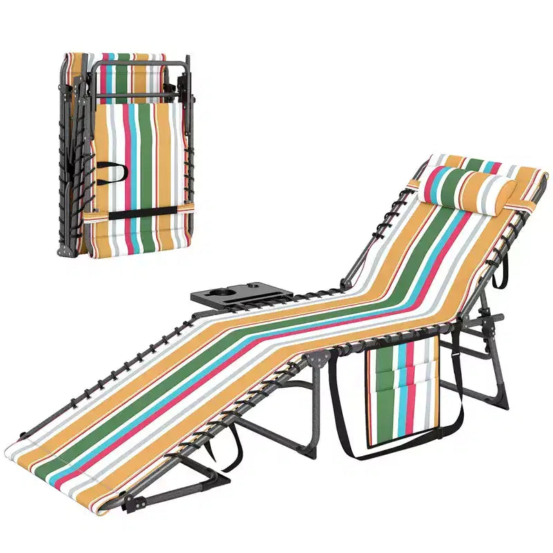Outsunny Folding Chaise Lounge Chair Outdoor Tanning Chair with 5-Level Adjustable Back, Side Table, Pillow, Pocket for Yard, Beach, Pool