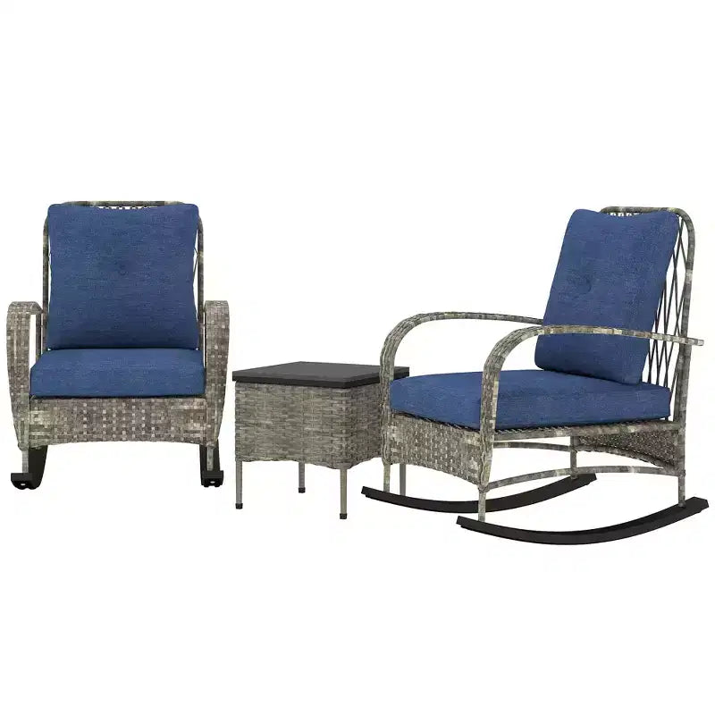 Outsunny 3 Pieces Patio Furniture Set, Wicker Rocking Chairs with Coffee Table, Cushions, Outdoor Bistro Set for Porch, Garden
