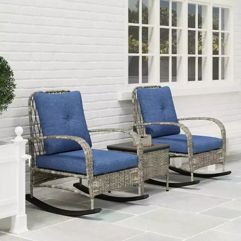 Outsunny 3 Pieces Patio Furniture Set, Wicker Rocking Chairs with Coffee Table, Cushions, Outdoor Bistro Set for Porch, Garden