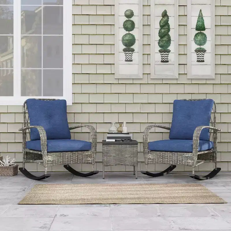 Outsunny 3 Pieces Patio Furniture Set, Wicker Rocking Chairs with Coffee Table, Cushions, Outdoor Bistro Set for Porch, Garden