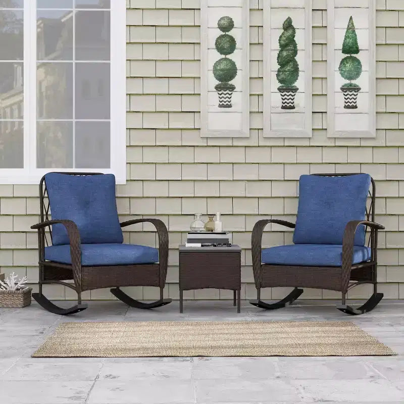 Outsunny 3 Pieces Patio Furniture Set, Wicker Rocking Chairs with Coffee Table, Cushions, Outdoor Bistro Set for Porch, Garden