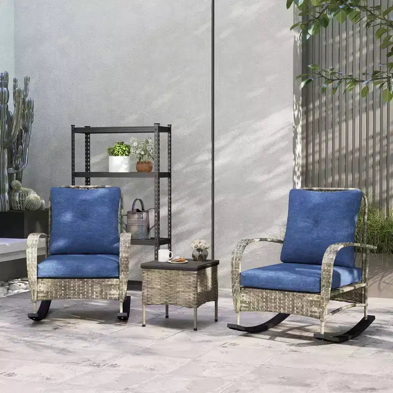 Outsunny 3 Pieces Patio Furniture Set, Wicker Rocking Chairs with Coffee Table, Cushions, Outdoor Bistro Set for Porch, Garden