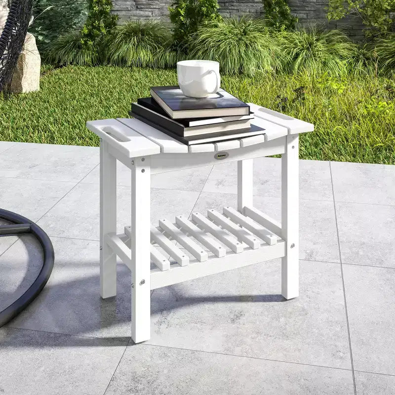 Outsunny 2-Tier Outdoor Side Table, Weather Resistant Shower Bench with Handles, Non-Slip Pads