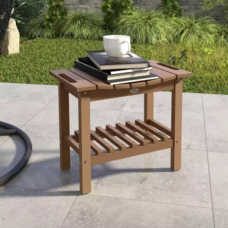 Outsunny 2-Tier Outdoor Side Table, Weather Resistant Shower Bench with Handles, Non-Slip Pads