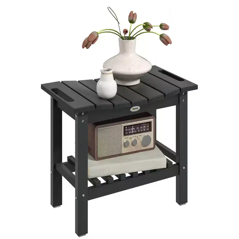 Outsunny 2-Tier Outdoor Side Table, Weather Resistant Shower Bench with Handles, Non-Slip Pads