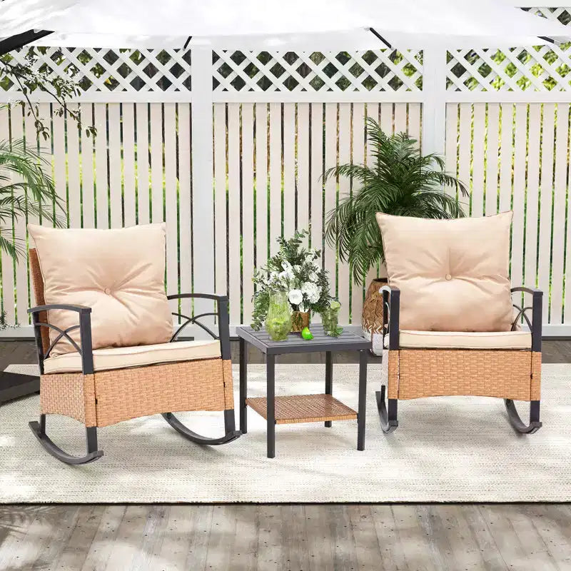 EROMMY 3-Piece Bistro Set,Outdoor PE Rattan Rocking Chairs with Cushions and Coffee Table,Patio Rocker Chair Set for Porch and Backyard