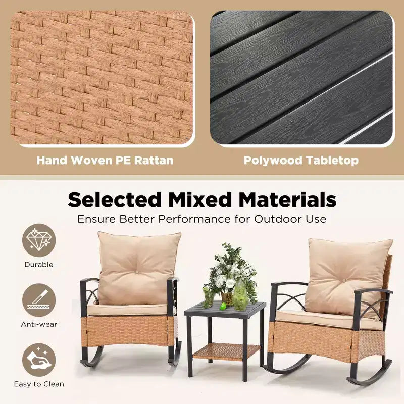 EROMMY 3-Piece Bistro Set,Outdoor PE Rattan Rocking Chairs with Cushions and Coffee Table,Patio Rocker Chair Set for Porch and Backyard