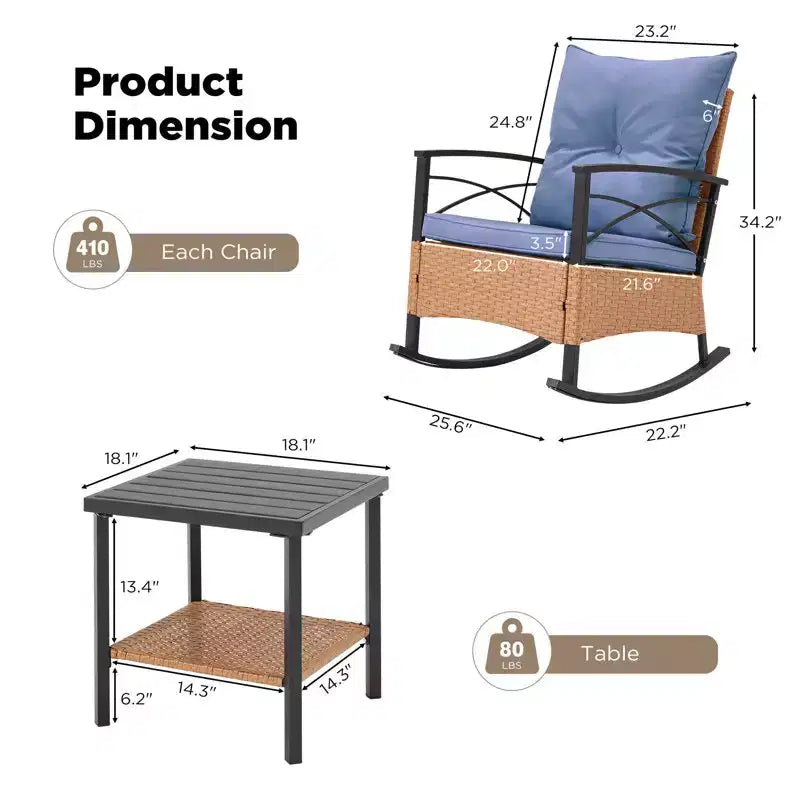 EROMMY 3-Piece Bistro Set,Outdoor PE Rattan Rocking Chairs with Cushions and Coffee Table,Patio Rocker Chair Set for Porch and Backyard
