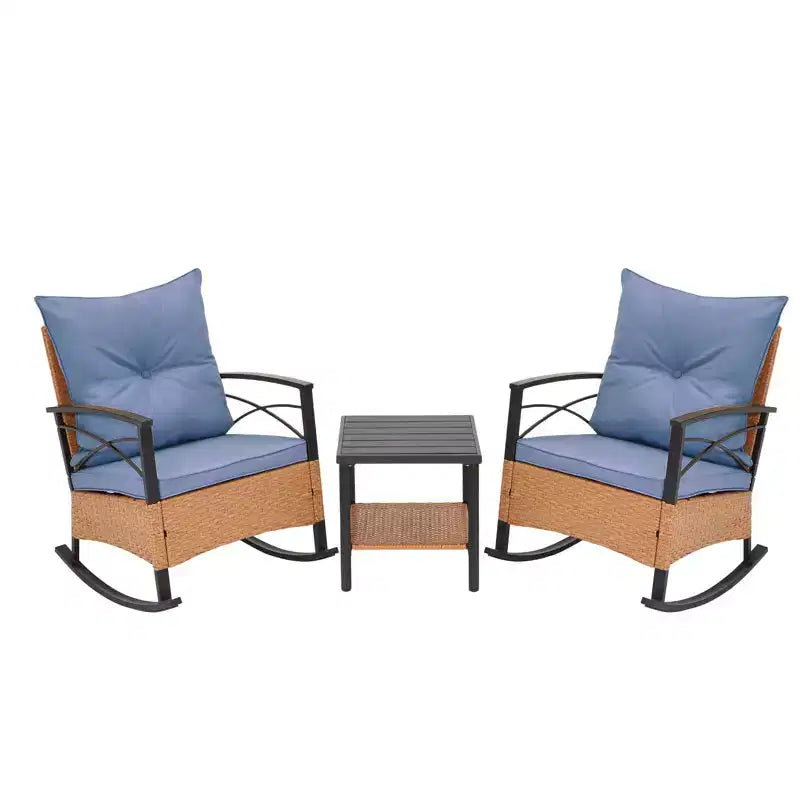 EROMMY 3-Piece Bistro Set,Outdoor PE Rattan Rocking Chairs with Cushions and Coffee Table,Patio Rocker Chair Set for Porch and Backyard