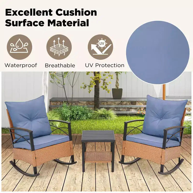 EROMMY 3-Piece Bistro Set,Outdoor PE Rattan Rocking Chairs with Cushions and Coffee Table,Patio Rocker Chair Set for Porch and Backyard