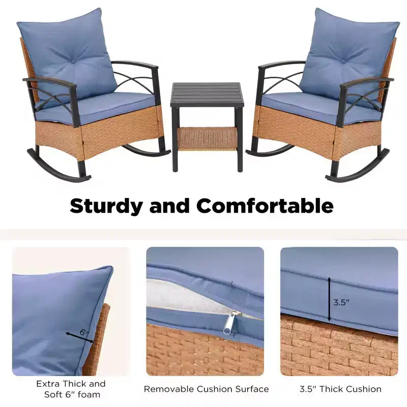 EROMMY 3-Piece Bistro Set,Outdoor PE Rattan Rocking Chairs with Cushions and Coffee Table,Patio Rocker Chair Set for Porch and Backyard