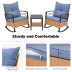 EROMMY 3-Piece Bistro Set,Outdoor PE Rattan Rocking Chairs with Cushions and Coffee Table,Patio Rocker Chair Set for Porch and Backyard