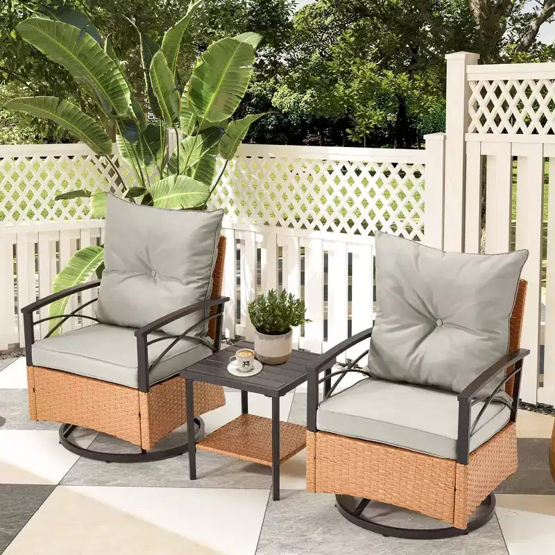 EROMMY 3-Piece Bistro Set,Outdoor PE Rattan Rocking Chairs with Cushions and Coffee Table,Patio Rocker Chair Set for Porch and Backyard