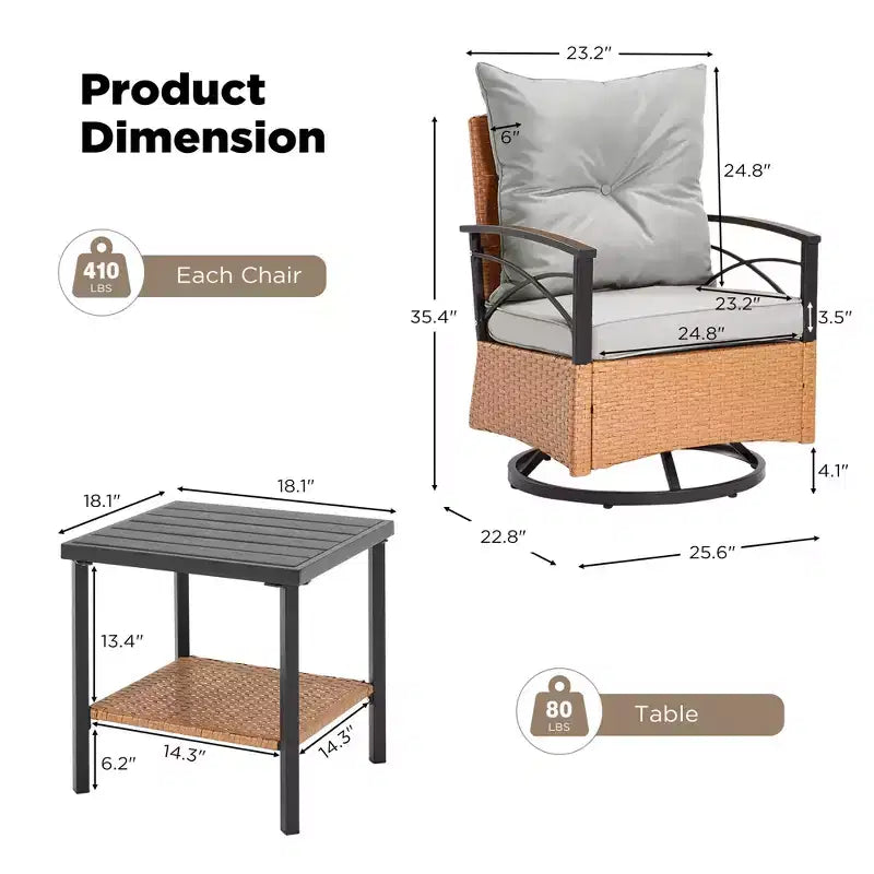 EROMMY 3-Piece Bistro Set,Outdoor PE Rattan Rocking Chairs with Cushions and Coffee Table,Patio Rocker Chair Set for Porch and Backyard
