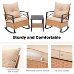EROMMY 3-Piece Bistro Set,Outdoor PE Rattan Rocking Chairs with Cushions and Coffee Table,Patio Rocker Chair Set for Porch and Backyard