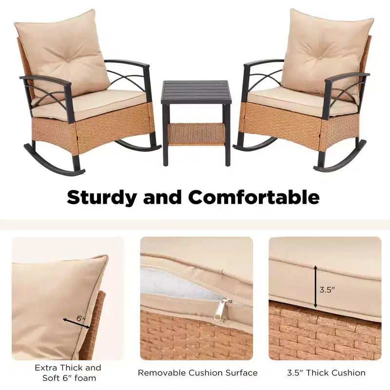 EROMMY 3-Piece Bistro Set,Outdoor PE Rattan Rocking Chairs with Cushions and Coffee Table,Patio Rocker Chair Set for Porch and Backyard