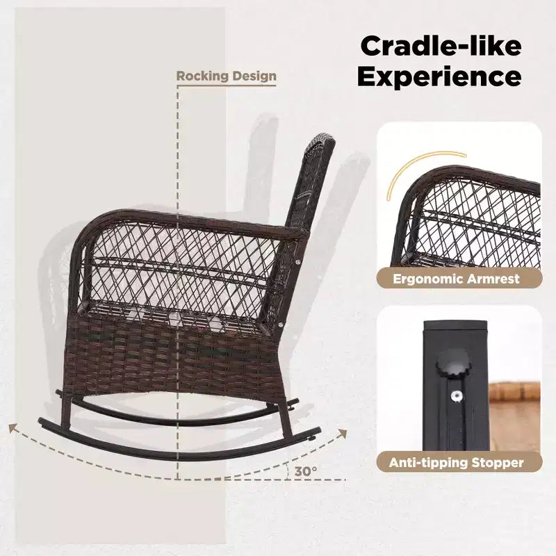 EROMMY 3-Piece Bistro Set,Outdoor PE Rattan Rocking Chairs with Cushions and Coffee Table,Patio Rocker Chair Set for Porch and Backyard