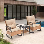 EROMMY 3-Piece Bistro Set,Outdoor PE Rattan Rocking Chairs with Cushions and Coffee Table,Patio Rocker Chair Set for Porch and Backyard