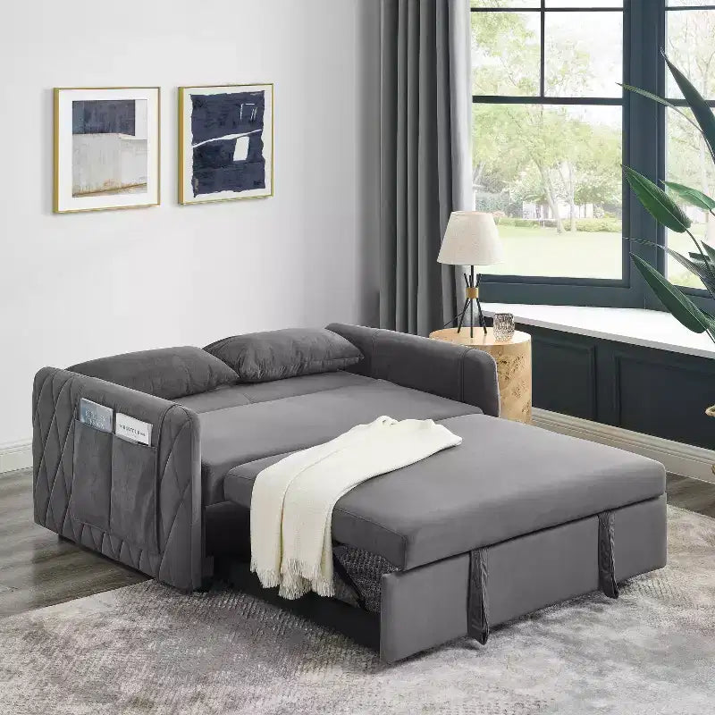 MAYEERTY 55 Modern Convertible Sofa Bed Velvet Loveseat 2 Detachable Arm Pockets Pull Out Bed 2 Pillows Adjustable Backrest Grid Armrests