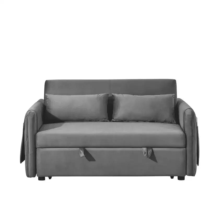 MAYEERTY 55 Modern Convertible Sofa Bed Velvet Loveseat 2 Detachable Arm Pockets Pull Out Bed 2 Pillows Adjustable Backrest Grid Armrests