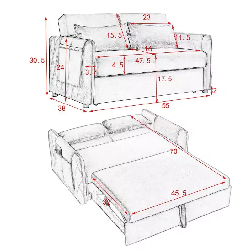 MAYEERTY 55 Modern Convertible Sofa Bed Velvet Loveseat 2 Detachable Arm Pockets Pull Out Bed 2 Pillows Adjustable Backrest Grid Armrests