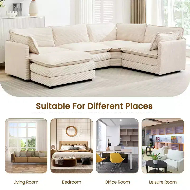 Modern 113.4''D*79.13''W Oversized Corduroy Modular 5-Seat Sectional Sofa Set with Ottoman U Shaped Sofa Couch with Corner Sofa,HYLEORY