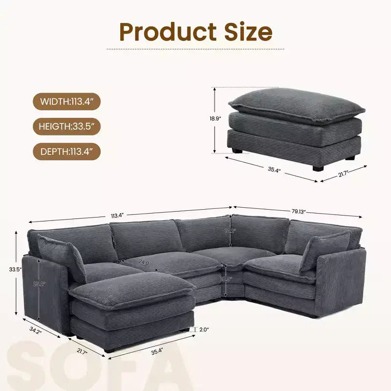 Modern 113.4''D*79.13''W Oversized Corduroy Modular 5-Seat Sectional Sofa Set with Ottoman U Shaped Sofa Couch with Corner Sofa,HYLEORY